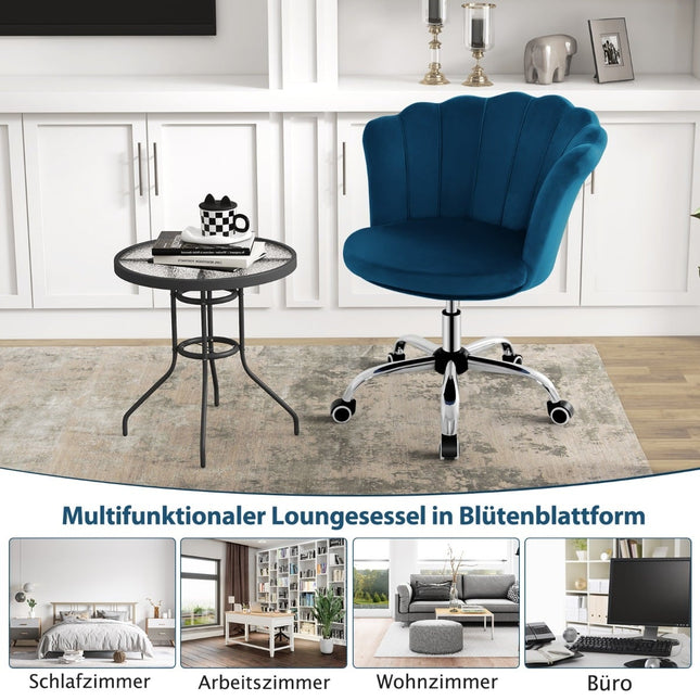 Regulējams samta biroja krēsls ar riteņiem, ergonomisks, zils