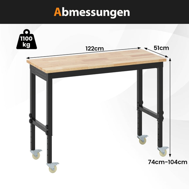 Regulējams darbagalds ar riteņiem, celtspēja 1100 kg, 2 perforēti dēļi