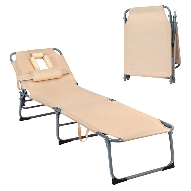 Regulējams sauļošanās krēsls, saliekams pludmales krēsls ar spilvenu, 194 x 61 x 35,5 - 86,5 cm, bēšs
