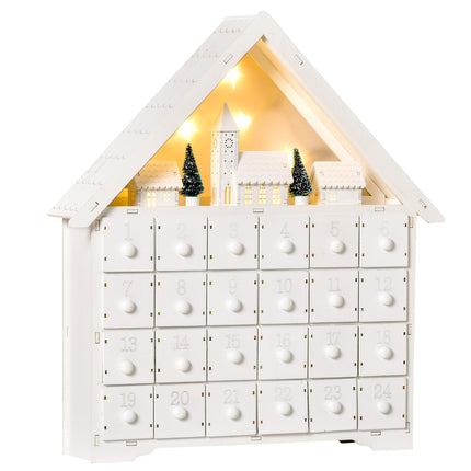 Adventes kalendārs ar 24 atvilktņu nodalījumiem, Ziemassvētku kalendārs ar LED gaismām, 2 vienā dizaina Ziemassvētku rotājums, balts, 39 x 9 x 42 cm