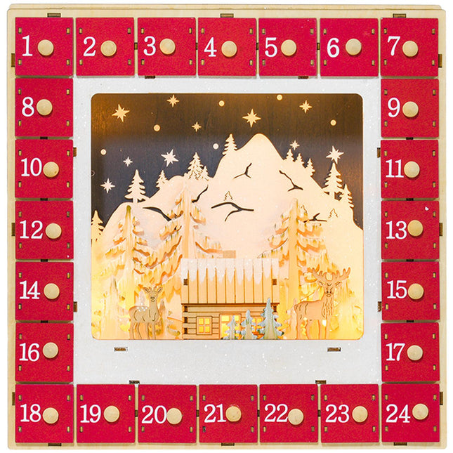 Adventes kalendārs ar 24 atvilktņu nodalījumiem, Ziemassvētku kalendārs ar LED gaismām, Adventes kalendāra kaste, Ziemassvētku rotājums, DIY, MDF, 34 x 7 x 34 cm, sarkans