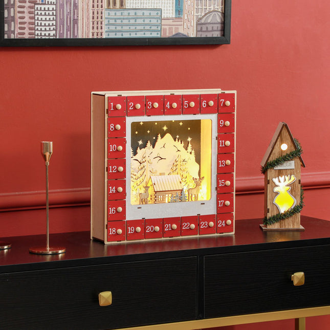 Adventes kalendārs ar 24 atvilktņu nodalījumiem, Ziemassvētku kalendārs ar LED gaismām, Adventes kalendāra kaste, Ziemassvētku rotājums, DIY, MDF, 34 x 7 x 34 cm, sarkans