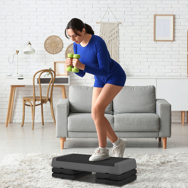 Aerobikas steperis, 10,5/15,5/20,5 cm augstumā regulējams kāpšļu dēlis, neslīdošs, mājām, sporta zālei, birojam, plastmasa, pelēks