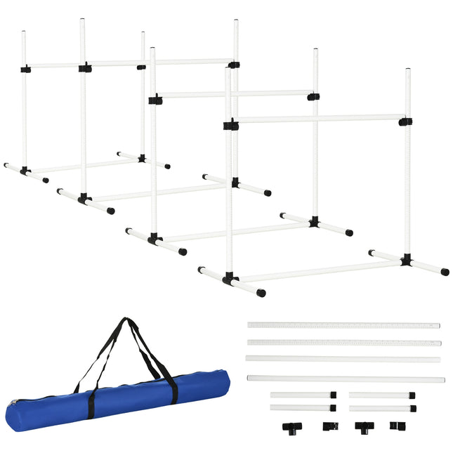 Veiklības šķēršļu komplekts, slaloma stieņi, suņu apmācības komplekts, 4 barjeras, plastmasa, balts, 99x65x94 cm