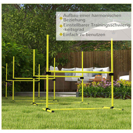 Veiklības šķēršļu komplekts slaloma stabiem suņu apmācības komplekts 4 x barjeras, plastmasas, dzeltenas, 99x65x94cm