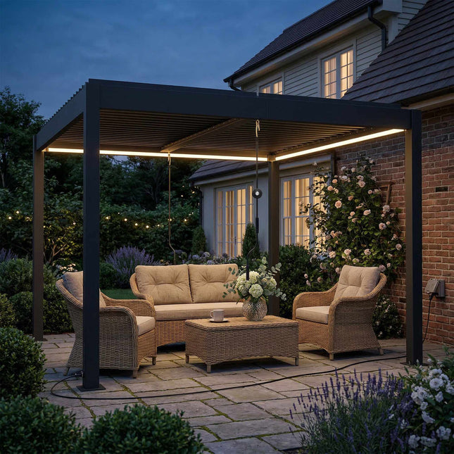 Alumīnija pergola 3x3m ar LED gaismām un regulējamu jumtu
