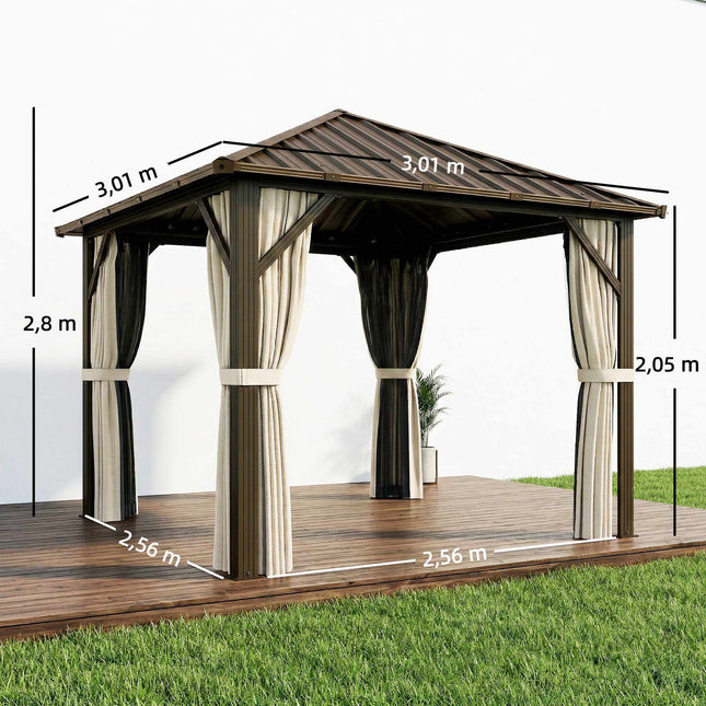 Alumīnija dārza paviljons ar tērauda jumtu, moskītu tīklu, 3x3m
