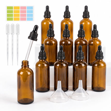 Dzintara krāsas stikla pudelītes ar pilinātāju, 100 ml, 12 pudelīšu komplekts