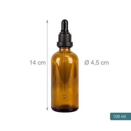 Dzintara krāsas stikla pudelītes ar pilinātāju, 100 ml, 12 pudelīšu komplekts