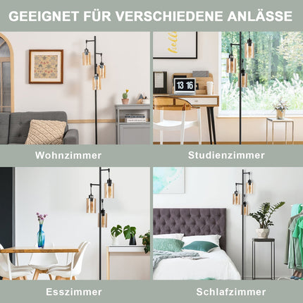 Dzintara krāsas stikla grīdas lampa, 3 abažūri, kājas slēdzis, metāla pamatne