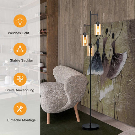 Dzintara krāsas stikla grīdas lampa, 3 abažūri, kājas slēdzis, metāla pamatne