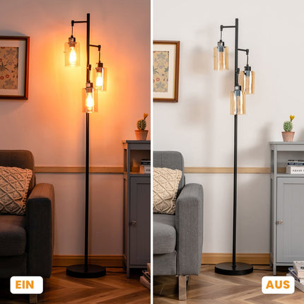 Dzintara krāsas stikla grīdas lampa, 3 abažūri, kājas slēdzis, metāla pamatne