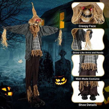 Animated Halloween Scarecrow 7 ft with Glowing Red Eyes, Moving Hat