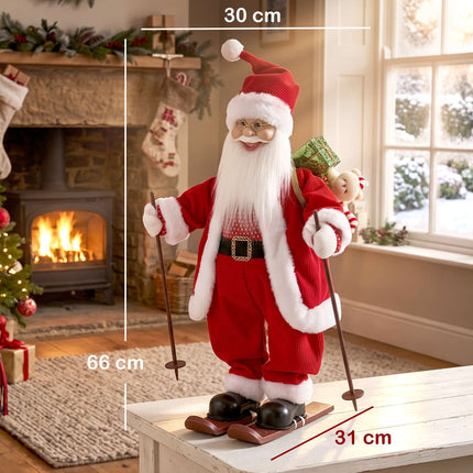 Animated Ski Santa 66 cm with Gift Sack and Ski Poles, Sound Activated, Red