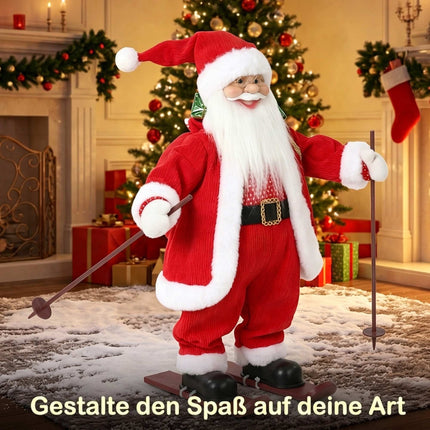 Animated Ski Santa 66 cm with Gift Sack and Ski Poles, Sound Activated, Red