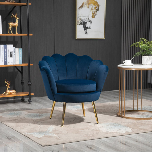 Blue shell-shaped upholstered velvet armchair with metal legs