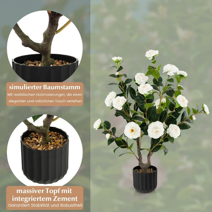 Mākslīgais kamēlijas koks, 95 cm, zīda ziedi, cementa pods