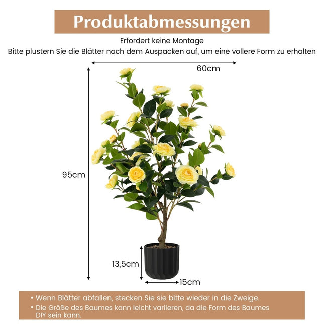 Mākslīgais kamēlijas koks, 95 cm, dzeltens, cementa pods