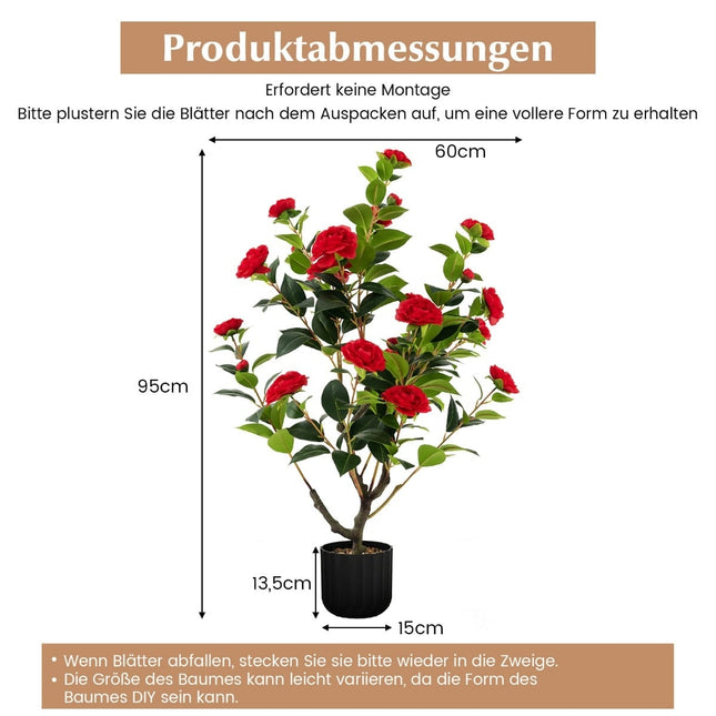 Mākslīgais kamēlijas koks 95 cm ar sarkaniem zīda ziediem