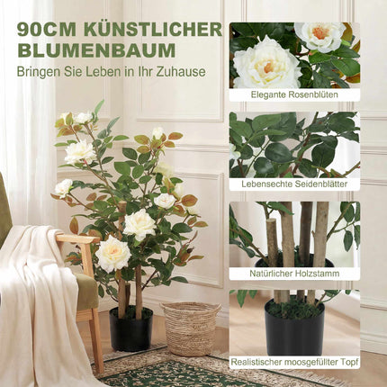 Artificial Rose Tree 90 cm in Pot with Moss and 17 Flowers, White, UV-Resistant