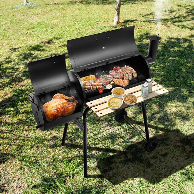 BBQ ogļu grils ar riteņiem, grila ratiņi ar vāku, āra grils, 115 x 65 x 108 cm, melns