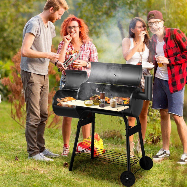 BBQ ogļu grils ar riteņiem, grila ratiņi ar vāku, āra grils, 115 x 65 x 108 cm, melns