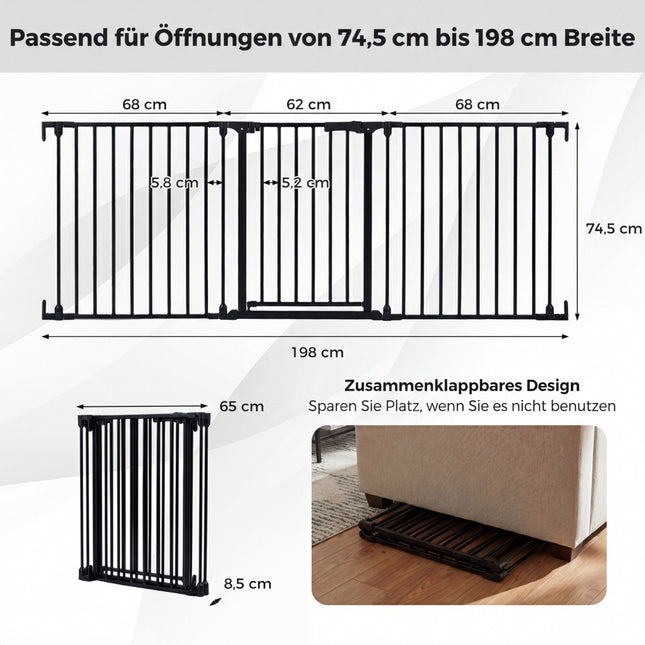 Bērnu vārtiņi ar dubultu slēdzeni un šūpošanās mehānismu, melni, 74,5-198 cm