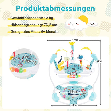 Baby Sky Jumperoo ar regulējamu augstumu, rotaļlietām un mūzikas kastīti gaiši zils staigulītis