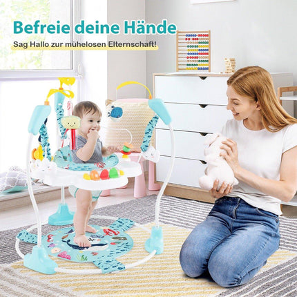 Baby Sky Jumperoo ar regulējamu augstumu, rotaļlietām un mūzikas kastīti gaiši zils staigulītis