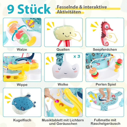 Baby Sky Jumperoo ar regulējamu augstumu, rotaļlietām un mūzikas kastīti gaiši zils staigulītis