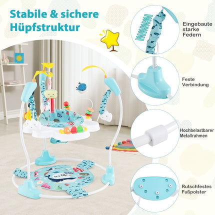 Baby Sky Jumperoo ar regulējamu augstumu, rotaļlietām un mūzikas kastīti gaiši zils staigulītis