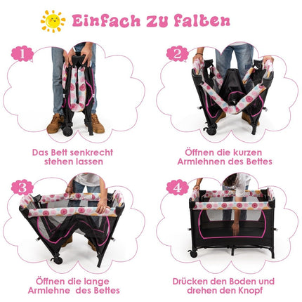 Bērnu gulta 4 vienā saliekama ceļojumu gulta un sānu gulta un pārtinamais galds un rotaļu laukums melns + rozā