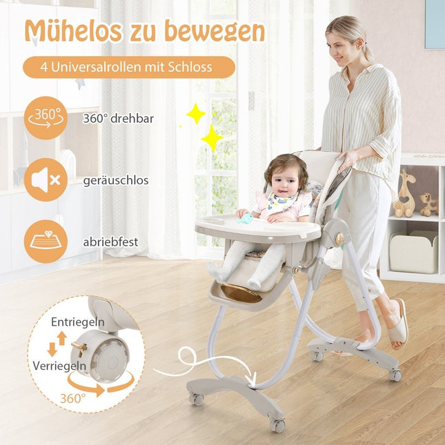 Bērnu barošanas krēsliņš, saliekams bērnu krēsliņš ar atgāšanas funkciju, riteņiem un dubultu paplāti, 96,5 x 55 x 99-109 cm, pelēks