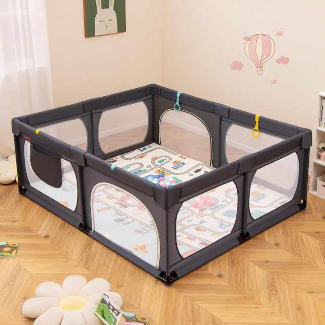 Bērnu rotaļu laukums ar matraci, 50 rotaļu bumbām, 4 riņķiem un 4 durvīm ar rāvējslēdzēju, tumši pelēks