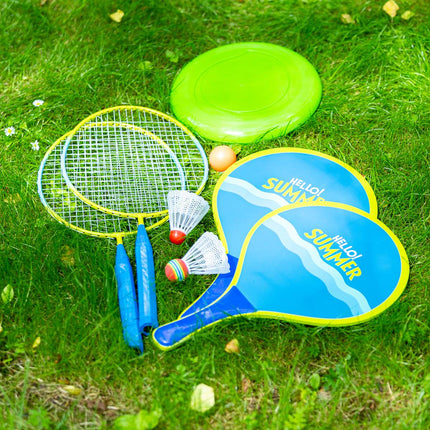Badmintona un pludmales komplekts: 2 raketes, volāni, frisbijs