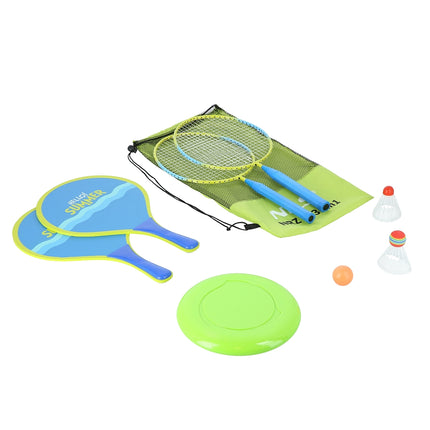 Badmintona un pludmales komplekts: 2 raketes, volāni, frisbijs