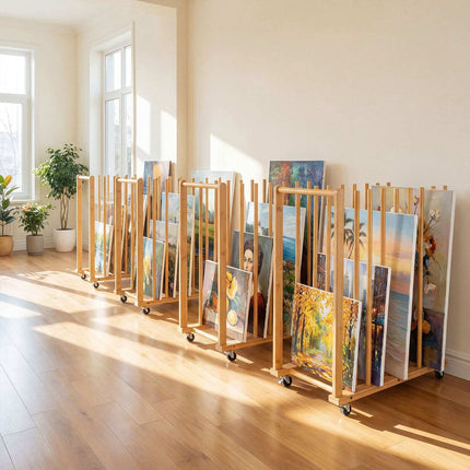 Bambusa mākslas uzglabāšanas plaukts ar riteņiem – dabīga apdare