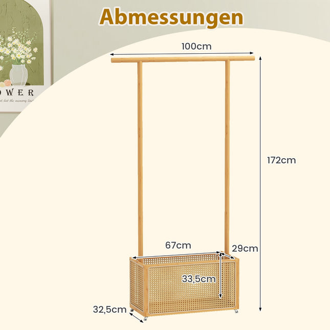 Bambusa drēbju pakaramais ar rotangpalmas grozu un riteņiem, 100x32,5x172 cm