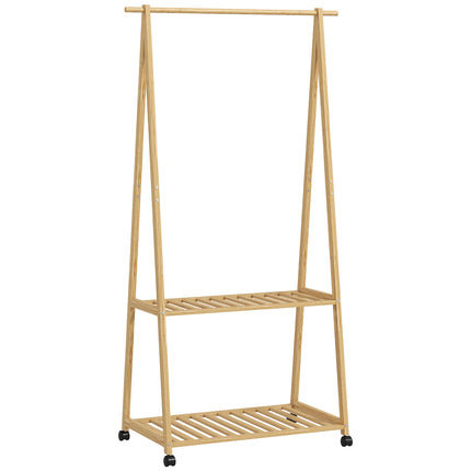 Bambusa drēbju pakaramais ar riteņiem, 112 cm pakarināšanas augstums