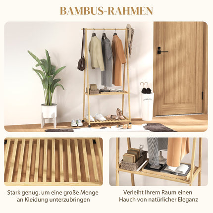 Bambusa drēbju pakaramais ar riteņiem, 112 cm pakarināšanas augstums
