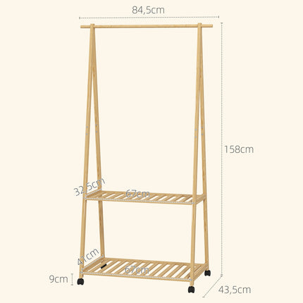 Bambusa drēbju pakaramais ar riteņiem, 112 cm pakarināšanas augstums