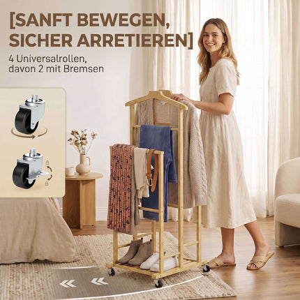 Bambusa drēbju pakaramais ar riteņiem, kompakts ozolkoka apdares materiāls