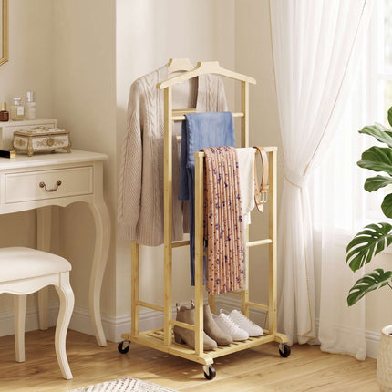 Bambusa drēbju pakaramais ar riteņiem, kompakts ozolkoka apdares materiāls