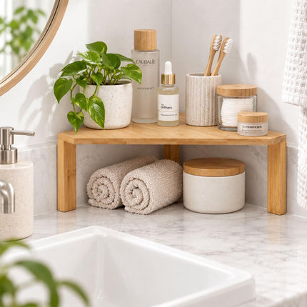 Bamboo Corner Countertop Shelf for Kitchen and Bathroom, 15 x 30 x 30 cm