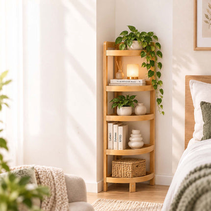 Bamboo Corner Shelf with 5 Half-Round Shelves, Freestanding, Natural
