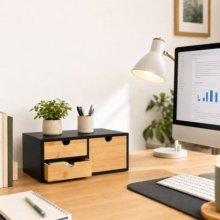 Bamboo Desk Organiser with 2 Small and 1 Large Drawer, 13.5 x 33 x 21 cm, Black