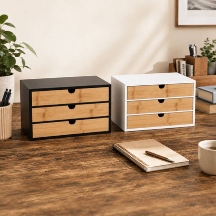 Bamboo Desk Organiser with 3 Drawers, 20 x 33 x 21 cm, Black