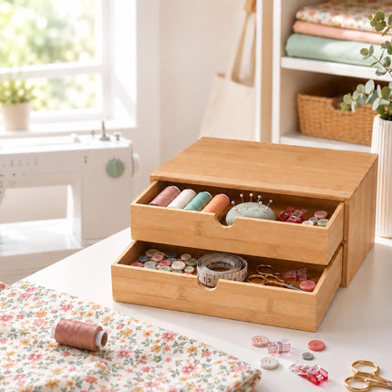 Bamboo Drawer Box Desk Organiser with 2 Drawers, 13.5 x 33 x 21 cm, Natural