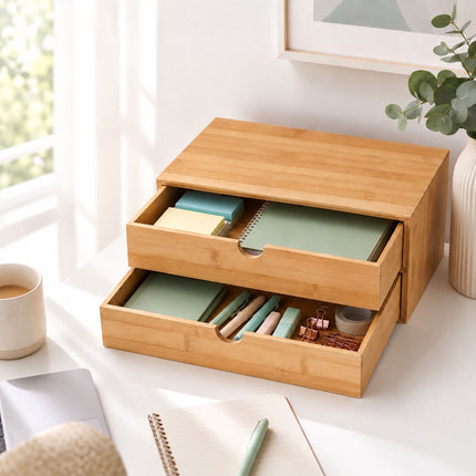 Bamboo Drawer Box Desk Organiser with 2 Drawers, 13.5 x 33 x 21 cm, Natural