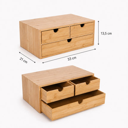 Bamboo Drawer Box Desk Organiser with 3 Drawers, 13.5 x 33 x 21 cm, Natural